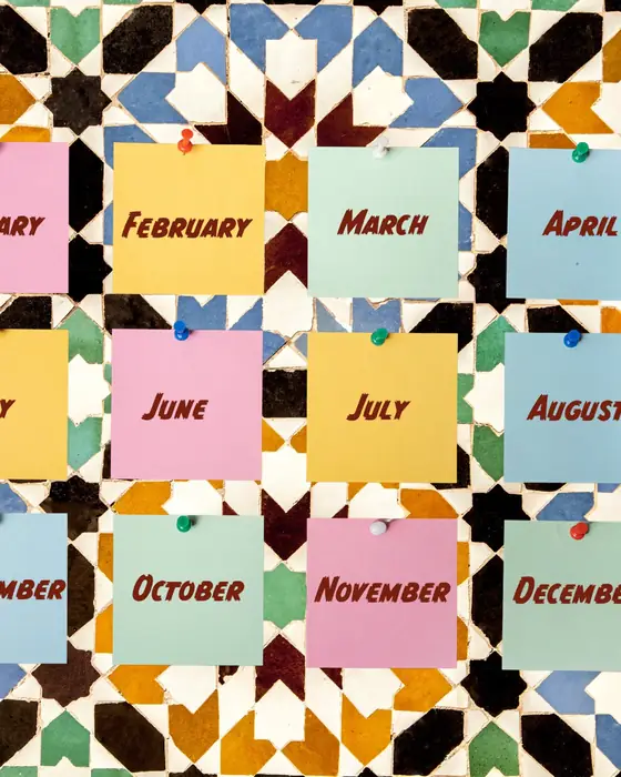Twelve notes, one for each month of the year, pinned to colourful Moroccan zellige tiles