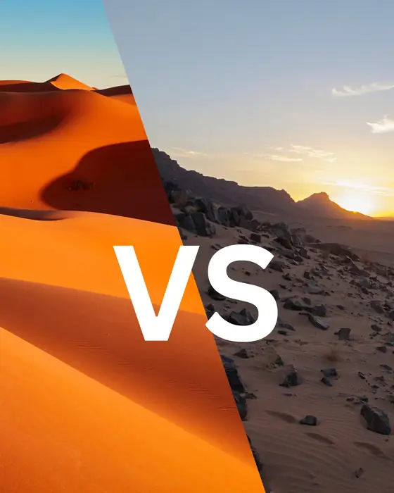 Tall orange dunes on one side and a stony desert at sunset on the other, with the word VS between them