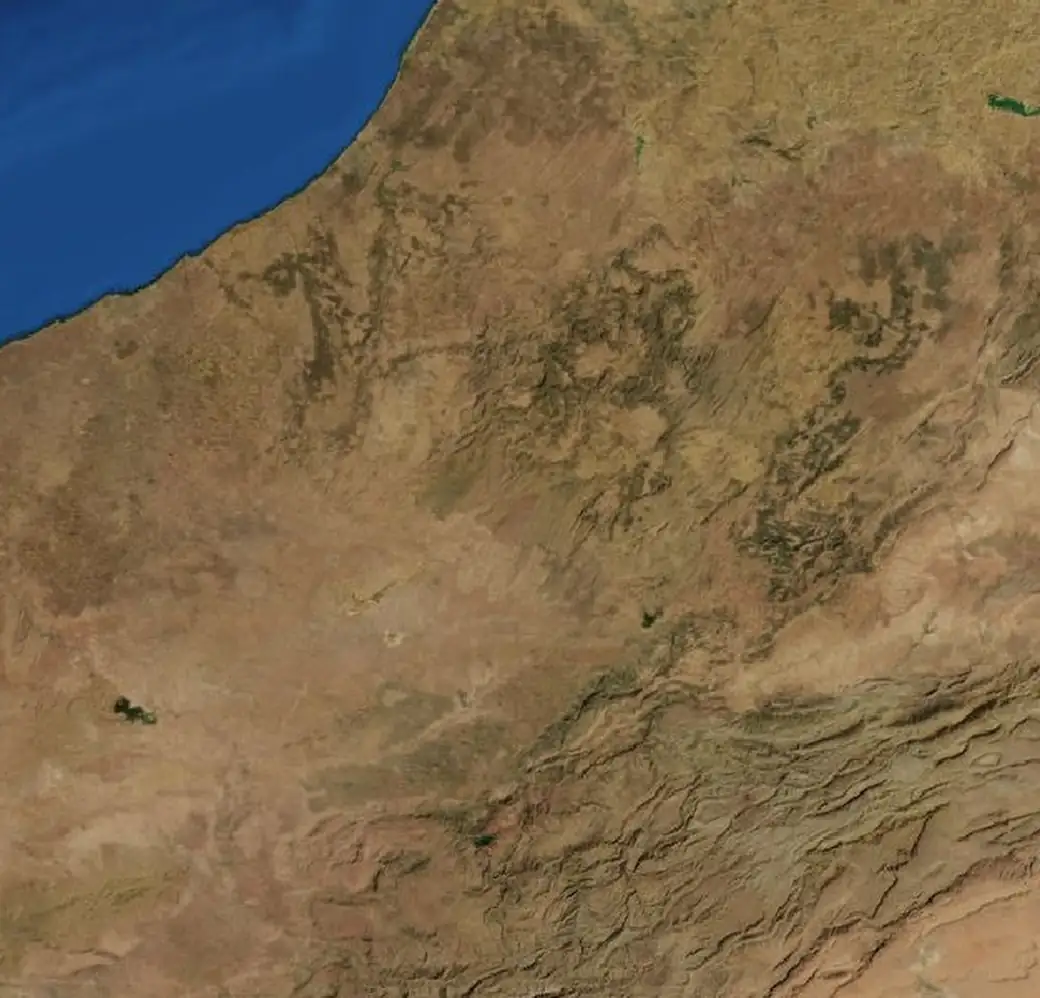 Map of the Imperial Cities and Ouzoud Falls route on satellite imagery of Morocco, with each stop marked