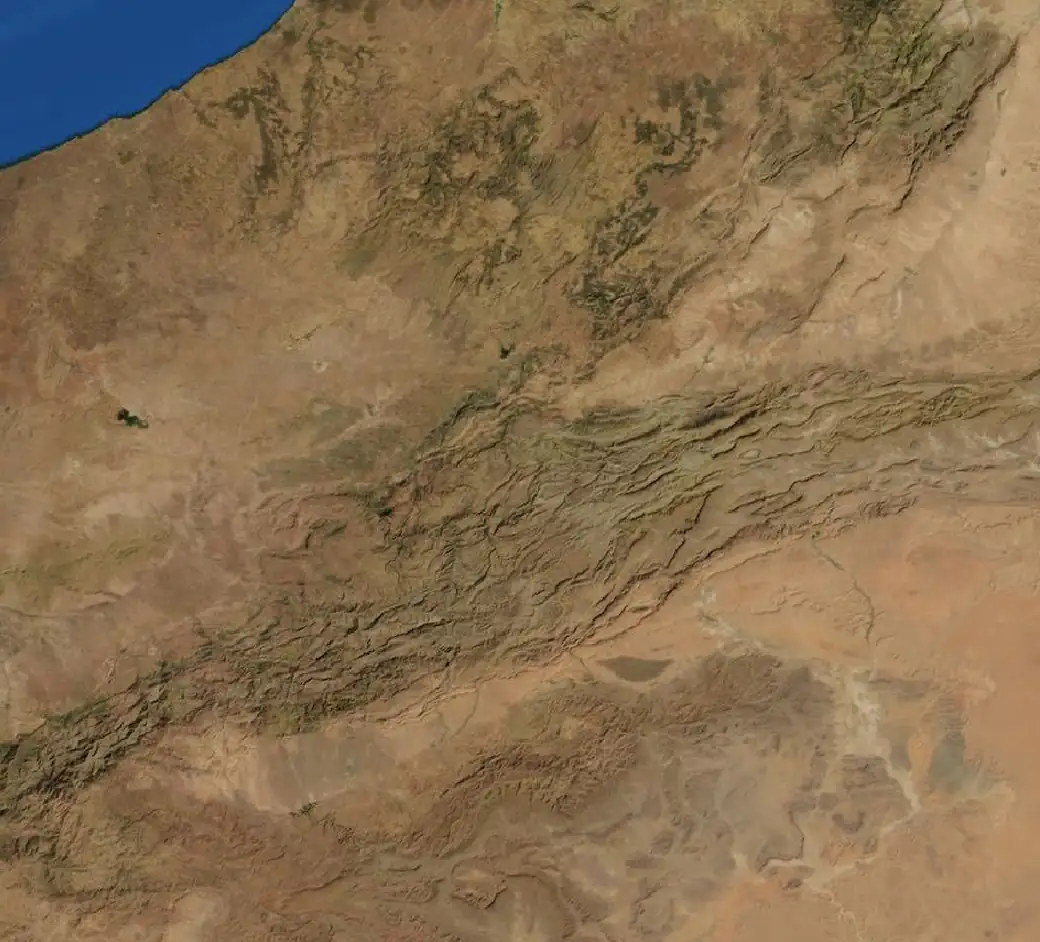 Map of the Casablanca to the Sahara route on satellite imagery of Morocco, with each stop marked