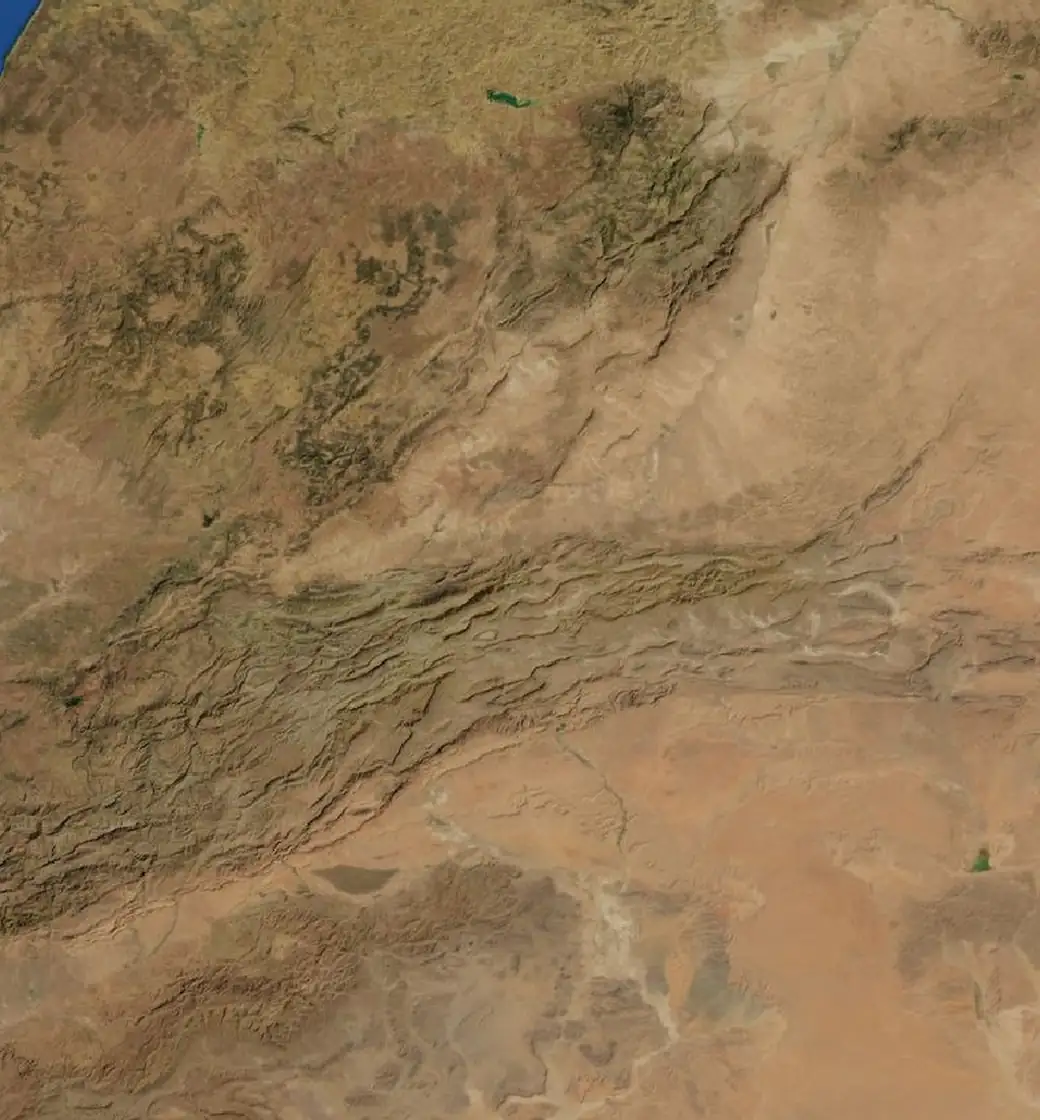 Map of the Fez to the Sahara, Two Desert Nights route on satellite imagery of Morocco, with each stop marked