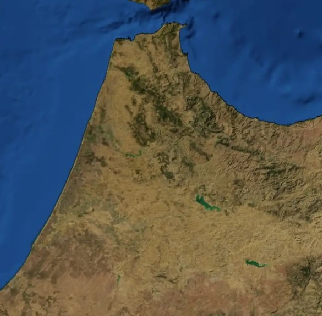 Map of the Northern Morocco, Mountains to Ocean route on satellite imagery of Morocco, with each stop marked