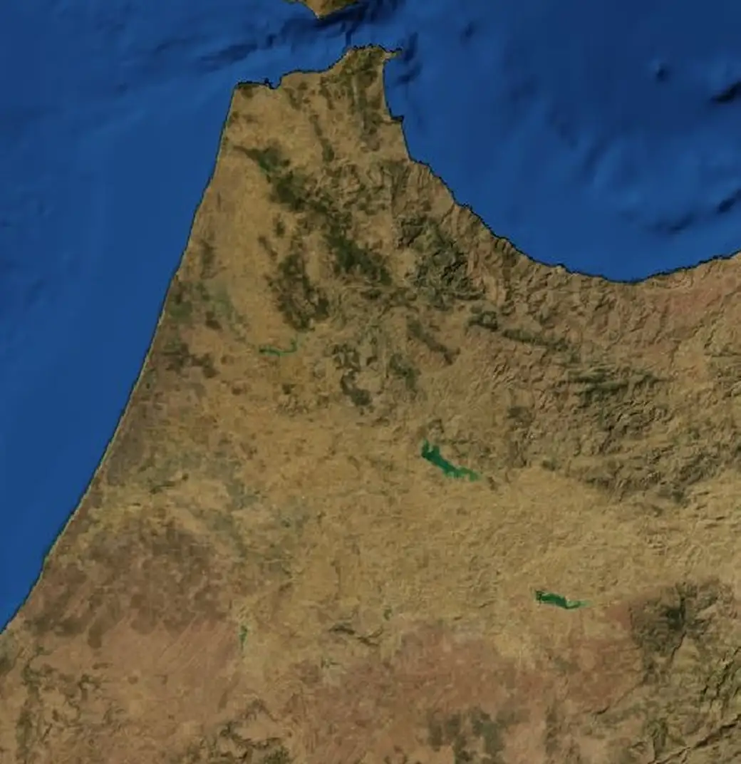 Map of the Tangier to Fez Heritage Route route on satellite imagery of Morocco, with each stop marked