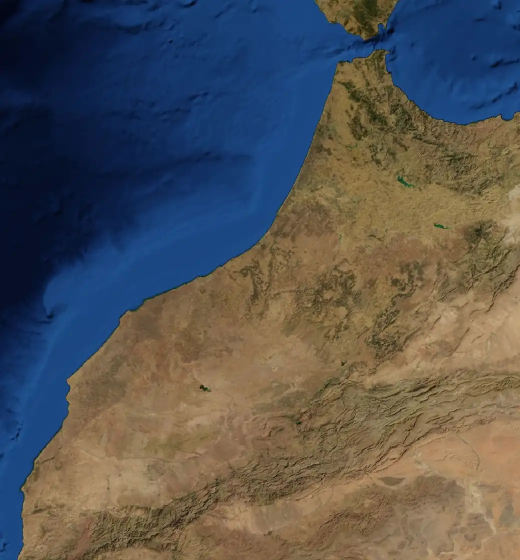 Map of the Morocco Highlights, Tangier to Marrakech route on satellite imagery of Morocco, with each stop marked