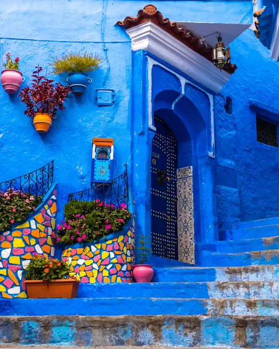 A blue-painted lane in Chefchaouen with tiled steps and flower pots