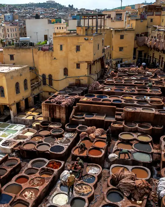 The stone dye vats of the Chouara Tannery in Fez, seen from above